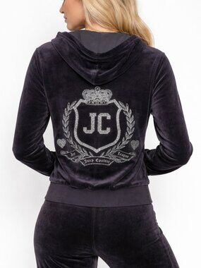 JUICY COUTURE 2010s Velvet Full Zip Jacket Hood Full Back Design Black Womens XL